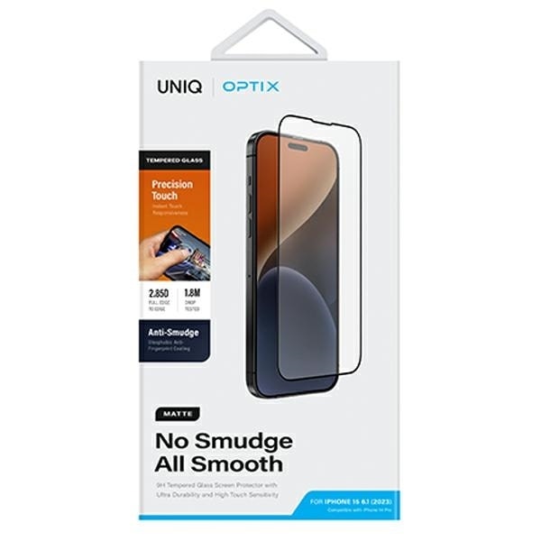 Uniq Optix Matte frosted tempered glass for iPhone 15 / 14 Pro with applicator