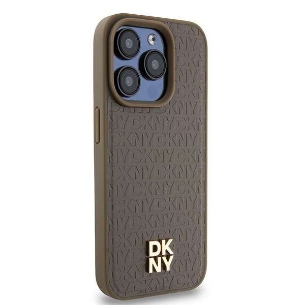 DKNY Leather Pattern Metal Logo MagSafe case for iPhone 14 Pro - brown Brown