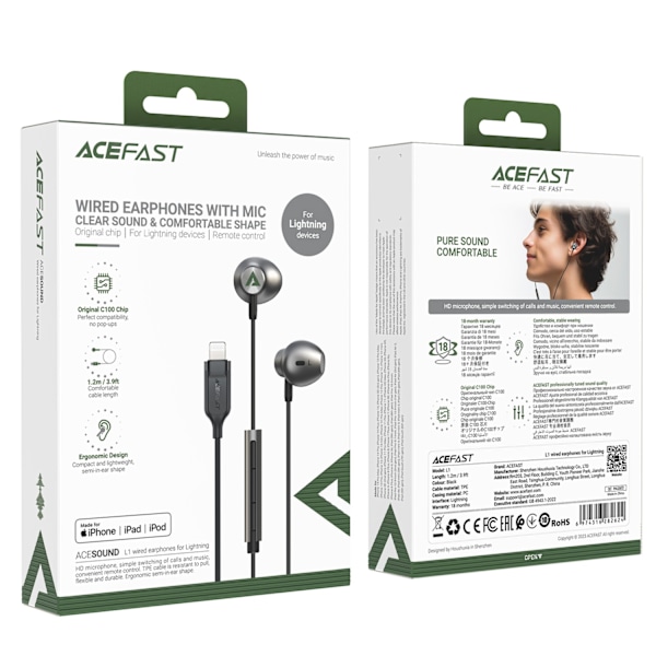 Acefast L1 in-ear headphones with Lightning connector, microphone and remote control 1.2 m - black Black