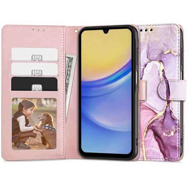 Tech-Protect Wallet Case for Samsung Galaxy A15 4G / 5G - Pink Marble Violet || Pink