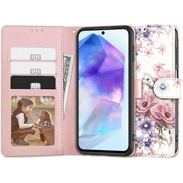 Tech-Protect Wallet Case for Samsung Galaxy A55 5G - Pink Flowers White || Pink