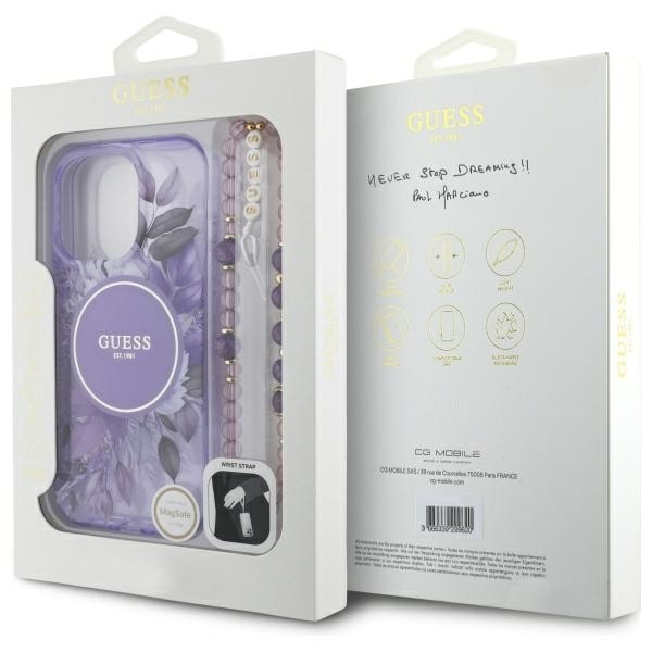 Guess IML Flowers With Pearl Strap MagSafe case for iPhone 16 Pro - purple Violet