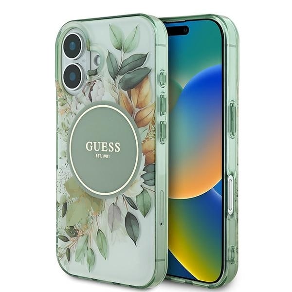 Guess IML Flower &amp; Tonal Circle MagSafe case for iPhone 16 Plus - green Green