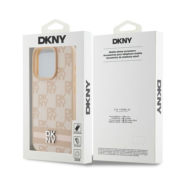 DKNY Leather Checkered Mono Pattern &amp; Printed Stripes case for iPhone 15 Pro - pink Pink