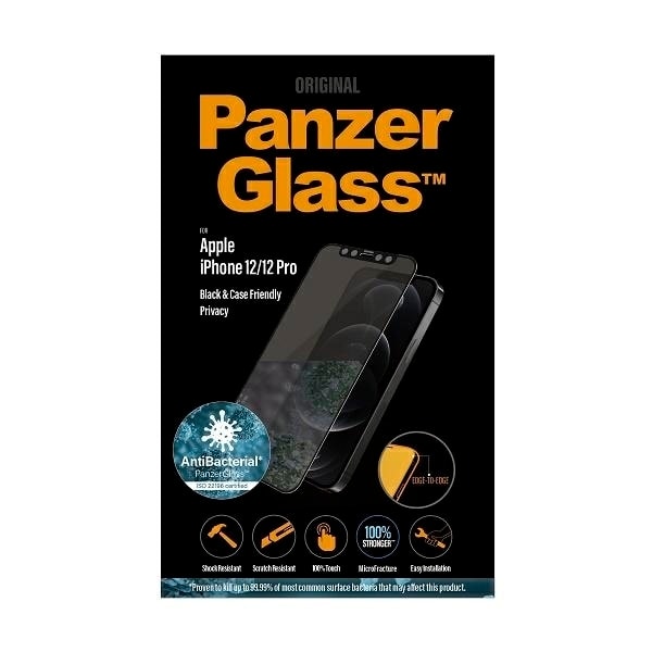 PanzerGlass E2E Super+ Microfracture antibacterial privacy tempered glass for iPhone 12 / 12 Pro - with black frame