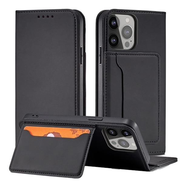 Magnet Card Case case for iPhone 14 Pro Max flip cover wallet stand black Black