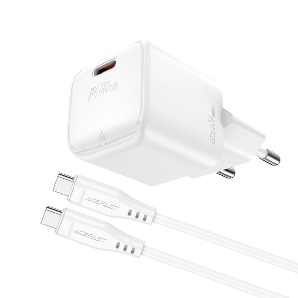 Acefast A77 Mini PD 30W GaN wall charger + USB-C cable - white White