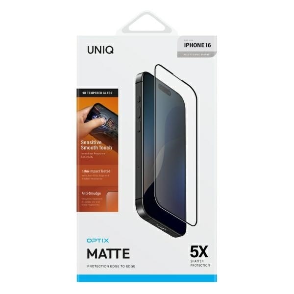 Uniq Optix Matte tempered glass with applicator for iPhone 16 Semi-transparent