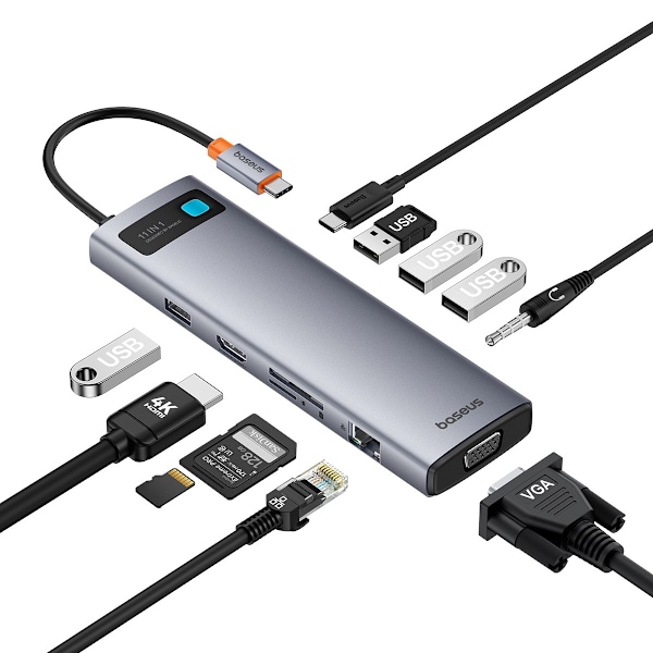 HUB 11in1 Baseus Metal Gleam Series USB-C to USB-C PD / 3x USB-A 3.0 / USB-A 2.0 / HDMI / VGA / AUX / RJ-45 / SD TF - gray Gray