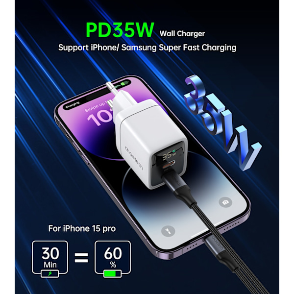 Choetech PD6051 2x USB-C PD 35W GaN wall charger with display - white White