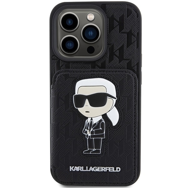 Karl Lagerfeld Saffiano Cardslots and Stand Monogram Ikonik Patch case for iPhone 15 Pro - black Black