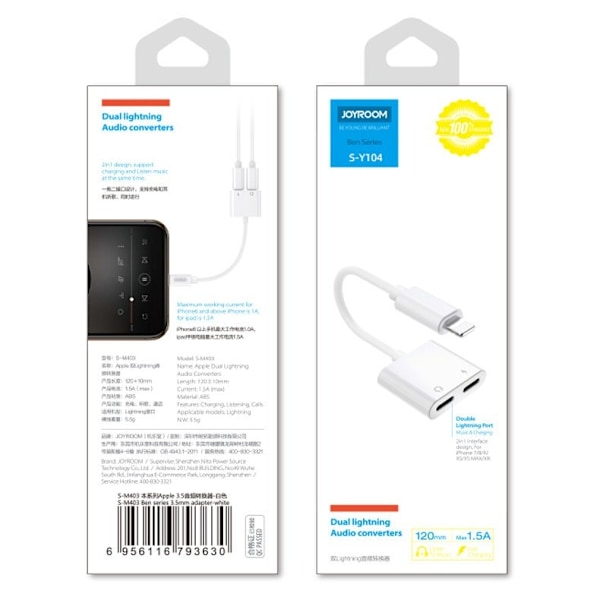 Joyroom S-Y104 headphone Lightning / 2x Lightning adapter - white White