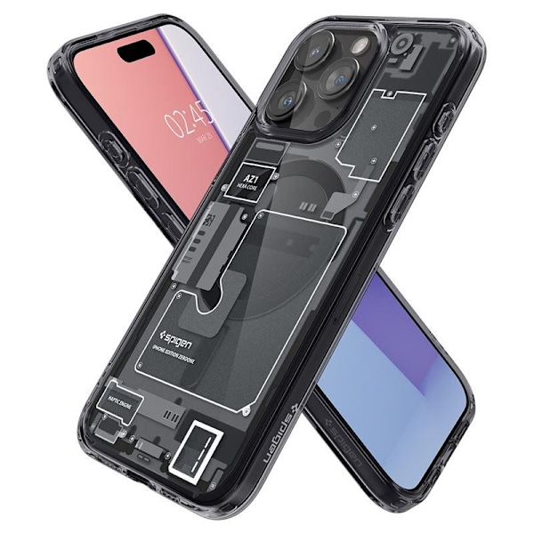 Spigen Ultra Hybrid Mag Case with MagSafe for iPhone 15 Pro Max - Dark Gray (Zero One Pattern) Transparent || Gray