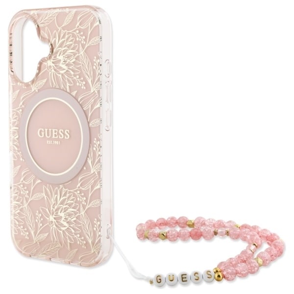 Guess IML Flowers Allover Electro With Pearl Strap MagSafe iPhone 16 Plus Case - Pink Pink