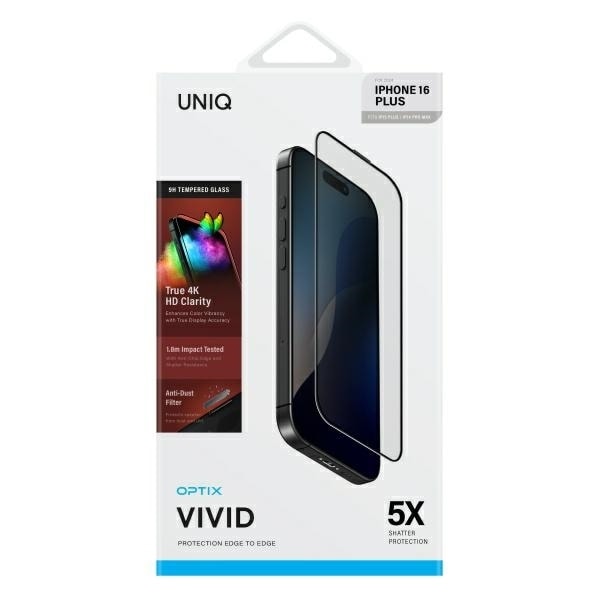 Uniq Optix Vivid tempered glass with applicator for iPhone 16 Plus