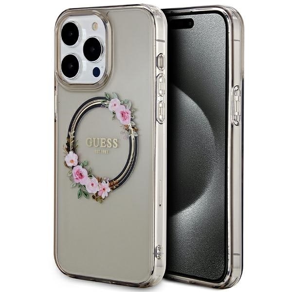 Guess IML Flowers Wreath MagSafe case for iPhone 15 Pro Max - black Black