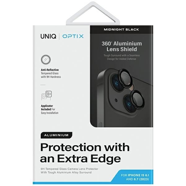 Uniq Optix Glass Aluminum Camera Lens Protector for iPhone 15 / 15 Plus Camera Lens with Applicator - Black Black