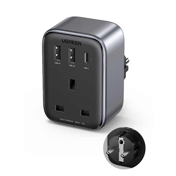 Wall charger 30W (2xUSB/USB C/AC) / UK - EU adapter 13A Ugreen CD314 - black Black