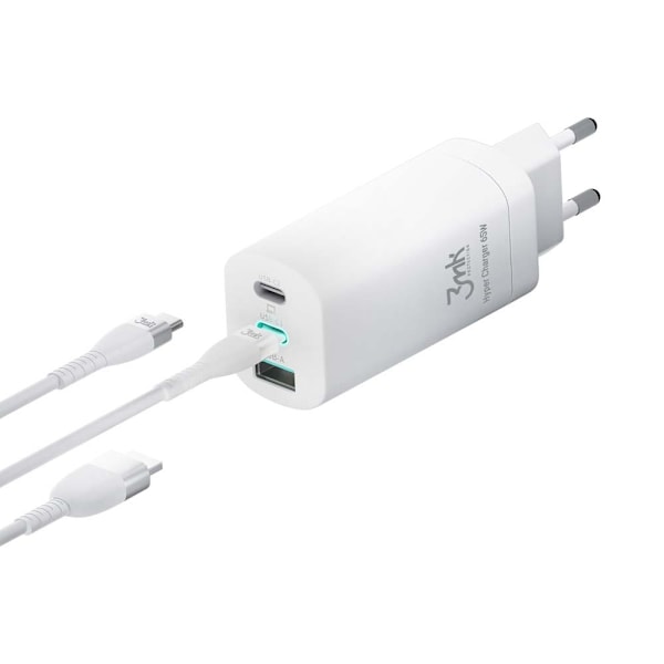 3MK HyperCharger 65W 2xUSB-C + 1xUSB-A charger GAN, PD + QC White