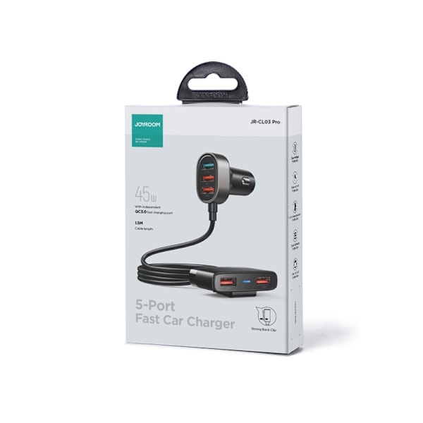 Joyroom fast car charger with extension cable 45W 5xUSB-A black (JR-CL03 Pro) Black