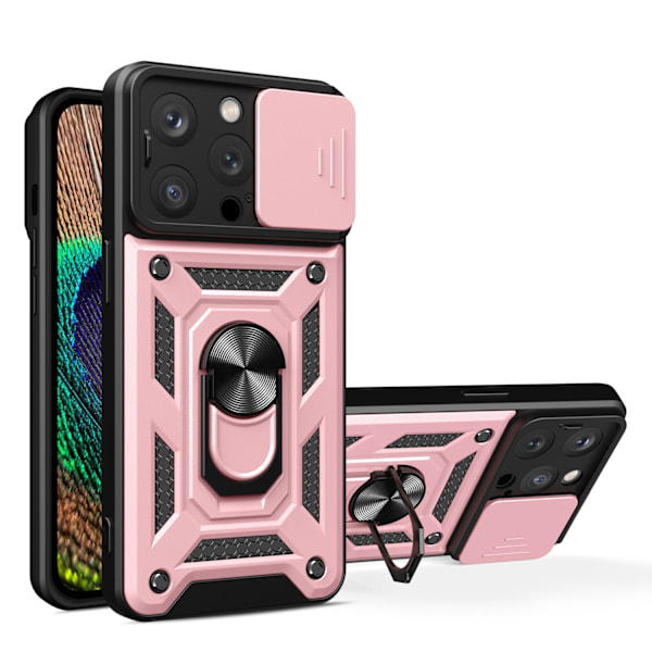 iPhone 15 Pro Max Hybrid Armor Camshield Case with Kickstand and Camera Cover - Pink Pink