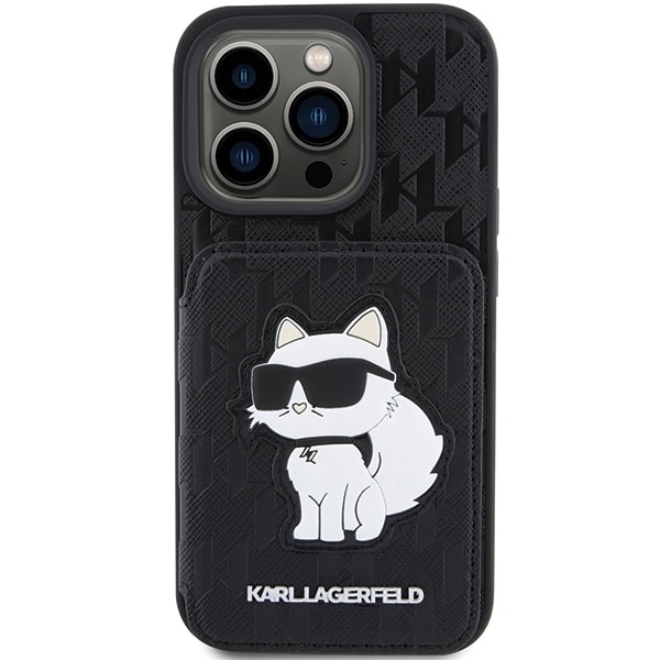 Karl Lagerfeld Saffiano Cardslots and Stand Monogram Choupette Case for iPhone 15 Pro Max - Black Black