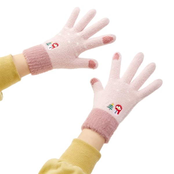 Women's winter telephone gloves with a snowman and a Christmas tree - pink Pink