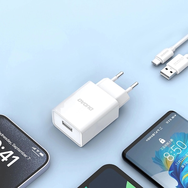 Dudao A4EU USB-A 2.1A wall charger - white + USB-A - USB-C cable White