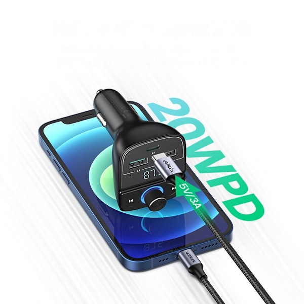 Ugreen FM Transmitter Bluetooth 5.0 MP3 car charger 3x USB TF micro SD 4.8 A black (CD229) Black