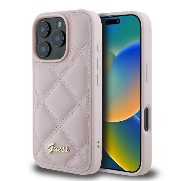 Guess Quilted Metal Logo iPhone 16 Pro Case - Pink Pink