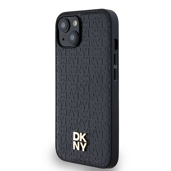 DKNY Leather Monogram Pattern Metal Logo MagSafe Case for iPhone 15/14/13 - Black Black