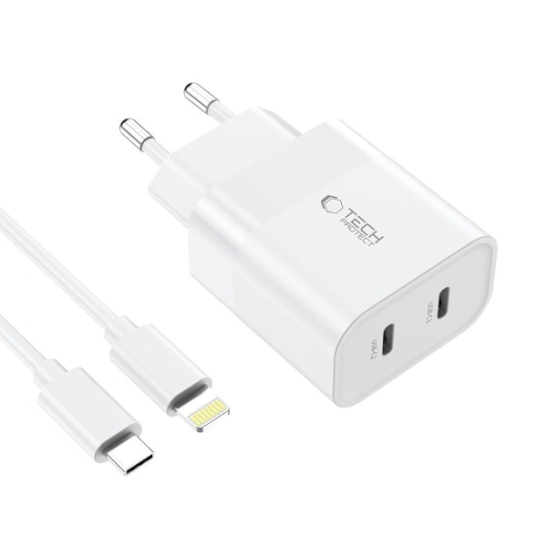 Tech-Protect C20W 2x USB-C PD 20W charger with USB-C / USB-C cable - white White