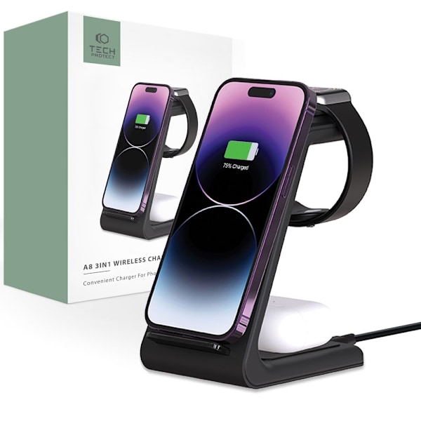 Tech-Protect A8 10W inductive charger in the form of a 3-in-1 stand for smartphone / headphones / smartwatch - black Black