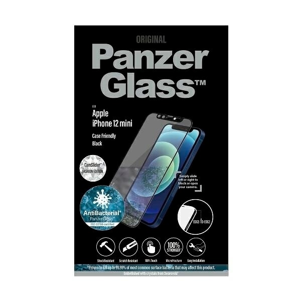 PanzerGlass E2E Microfracture Antibacterial Glass with Swarovsky Crystal Camera Cover for iPhone 12 mini - with Black Frame