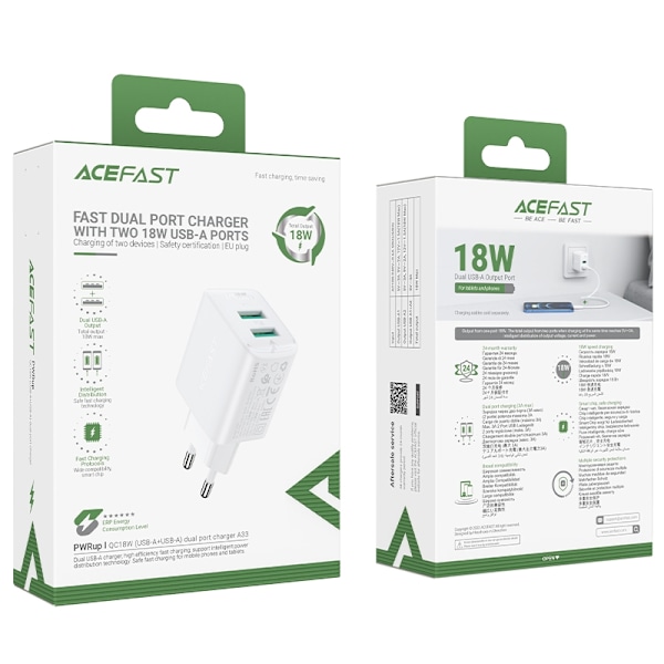 Acefast charger 2x USB 18W QC 3.0, AFC, FCP white (A33 white) White