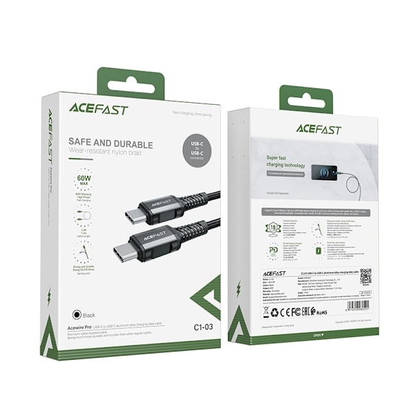 Acefast C1-03 USB-C - USB-C PD QC cable 60W 3A 480Mb/s 1.2m - black Black