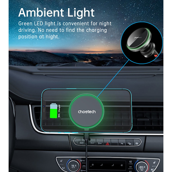 Choetech T204-F magnetic car holder with 15W wireless charging - black Black