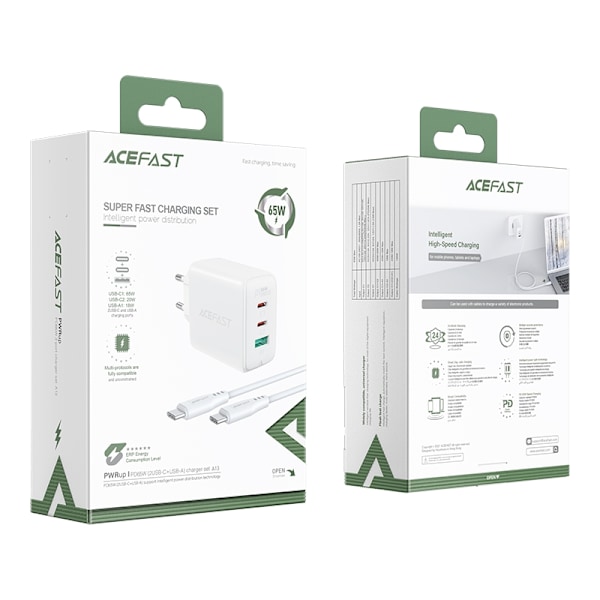 Acefast 2in1 wall charger 2x USB-C / USB-A 65W, PD, QC 3.0, AFC, FCP (set with USB-C 1.2m cable) white (A13 white) White