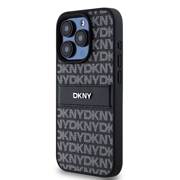 DKNY Leather Mono Stripe &amp; Metal Logo case for iPhone 15 Pro Max - black Black