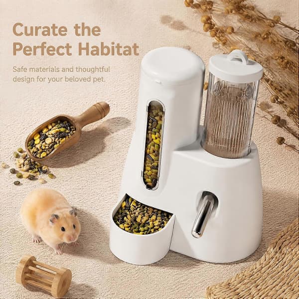 2-i-1 Hamster-vandflaske og automatisk foderautomat, 125 ml drypfri drikkefontæne med 300 ml foderdispenser, lækagesikker, automatisk foderdispenser til hamster