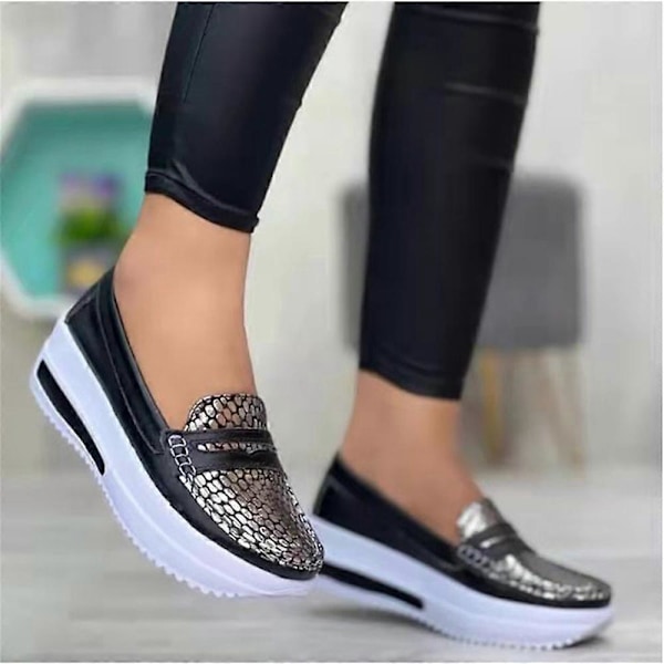 Kvinnors Platform Sneakers Runda Tå Slip-on Skor PU Tillverkade för Daglig Casual Blue 40