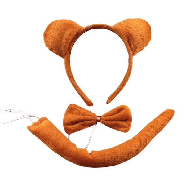 Djurdräkt Öron Hårband Svans Fluga Set för Småbarn och Barn Justerbar Plysch Djurdräkt för Halloween Cosplay Föreställning Bear