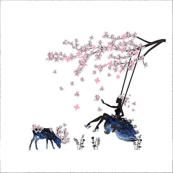 Väggdekal med flicka på gunga och älg-silhuett med rosa fjärilsdekal