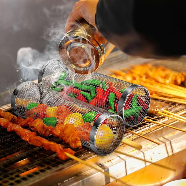 1/2 pcs Rolling Grill Baskets - Best Grill Basket Ever, Round Stainless Steel Grill Mesh 20 x 9cm 2pcs