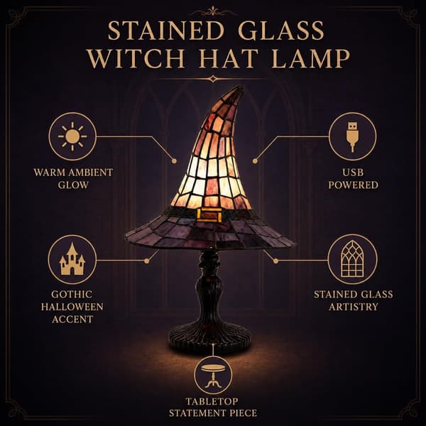 Oversized Golden Stained Glass Halloween Witch Hat Lamp