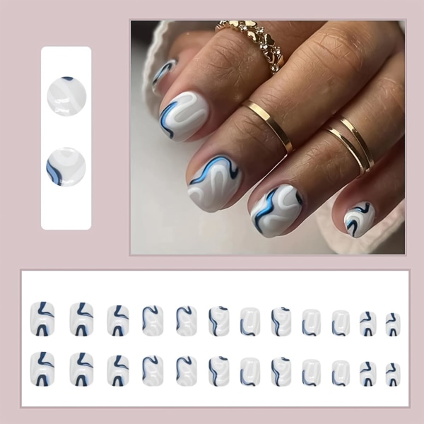 24 st Square Press On Nails Korta falska naglar med vit blå randdesign lösnaglar konstgjorda glitternaglar cover blank akrylnagel