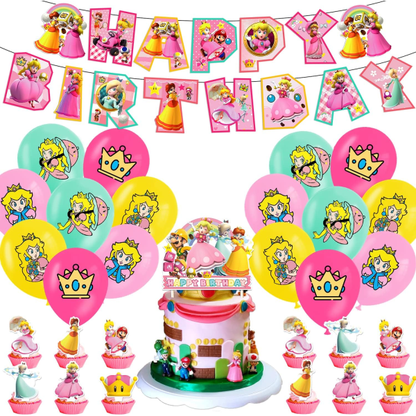 Fødselsdagsfestutstyr for prinsesse Peach, bursdagsbannere - kake- og cupcake-toppere - 16 lateksballonger til prinsesse Peach-festdekorasjoner