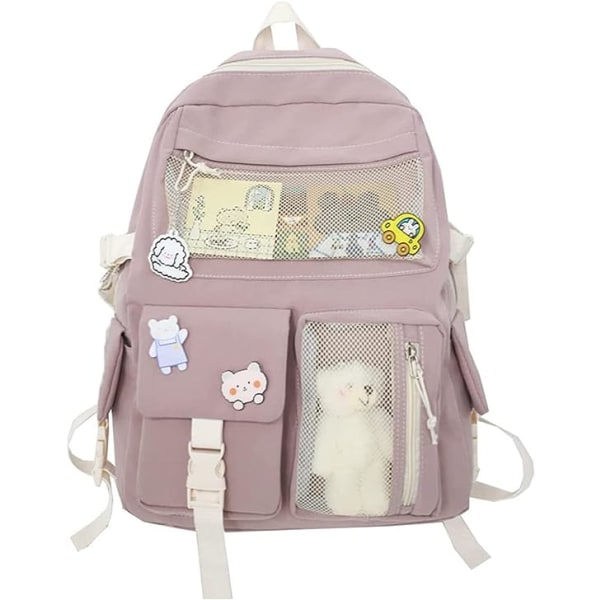 Kawaii Backpack with Cute Pin Accessories Plush Pendant Kawaii School Backpack Cute Aesthetic Backpack Pink