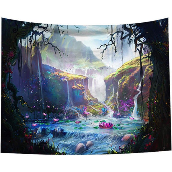 Psychedelic Forest Waterfall Tapestry, Stor Fantasy Wall Tapestry Saga Vägghängande, Magic Land Mountain Cartoon Tapestry
