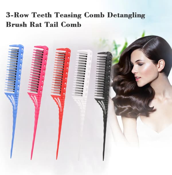 3-row teasing comb, detangling brush, rat tail comb, adds volume, backcombing, hairdressing combs